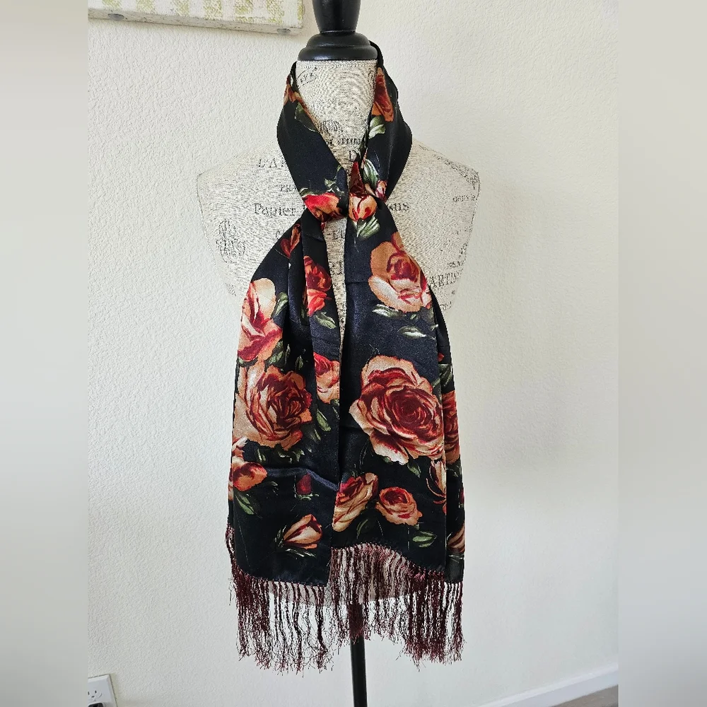 Vintage Echo 100% Silk Scarf Black & Crimson Cabbage Rose Long Knotted Fringe